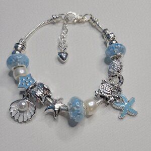 NWT Pandora Style Charm Bracelet Enameled Star Turtle Shells Pearl Silver Blue